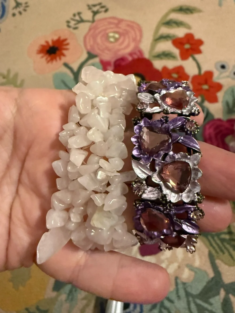 Boho Stretch Bracelet Set White Quartz Chip‎ & Purple Enamel Floral Crystal Cuff